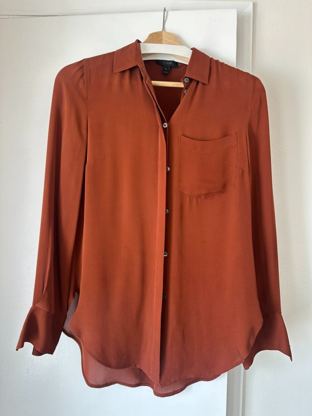 J.Crew Women's 100% Silk Button Front Blouse Rust Brown Long Sleeve Size 0
